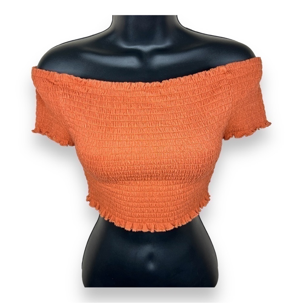 Medium Juniors Brick Orange Short Sleeve Crop Top Stretch Ruffle Fall